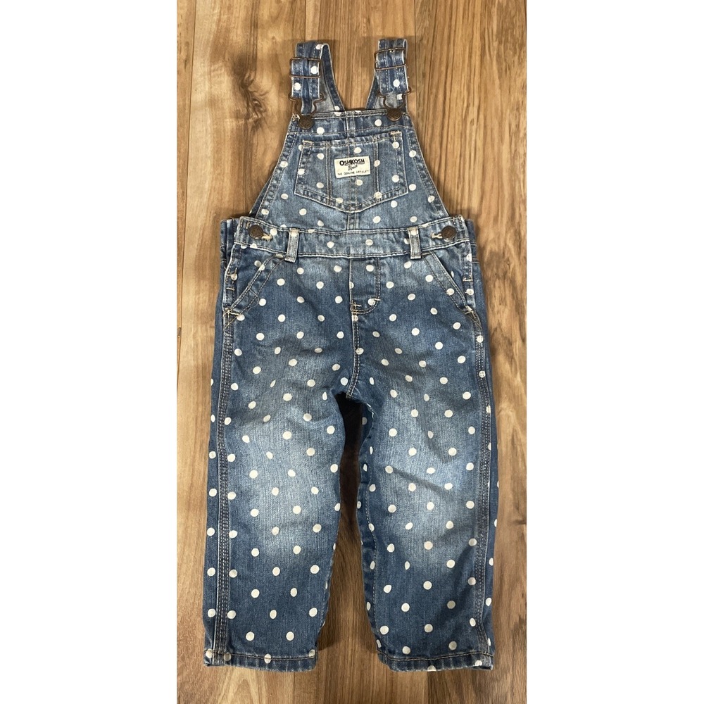 OshKosh B'gosh Polka Dot Denim Overalls Toddler Girls 18M Blue Bib